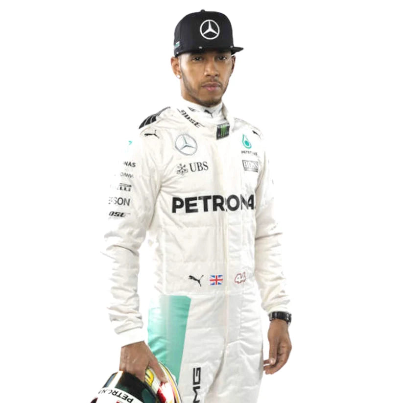 Lewis Hamilton in Mercedes 2017 F1 Racing Suit with Petrom and UBS logos, wearing a black Mercedes cap and holding a helmet against a white background.