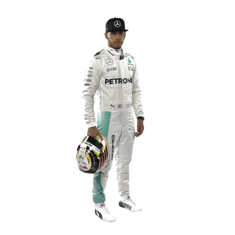 Lewis Hamilton in Mercedes 2017 F1 Racing Suit with Mercedes-Benz and Petronas logos, holding a helmet.