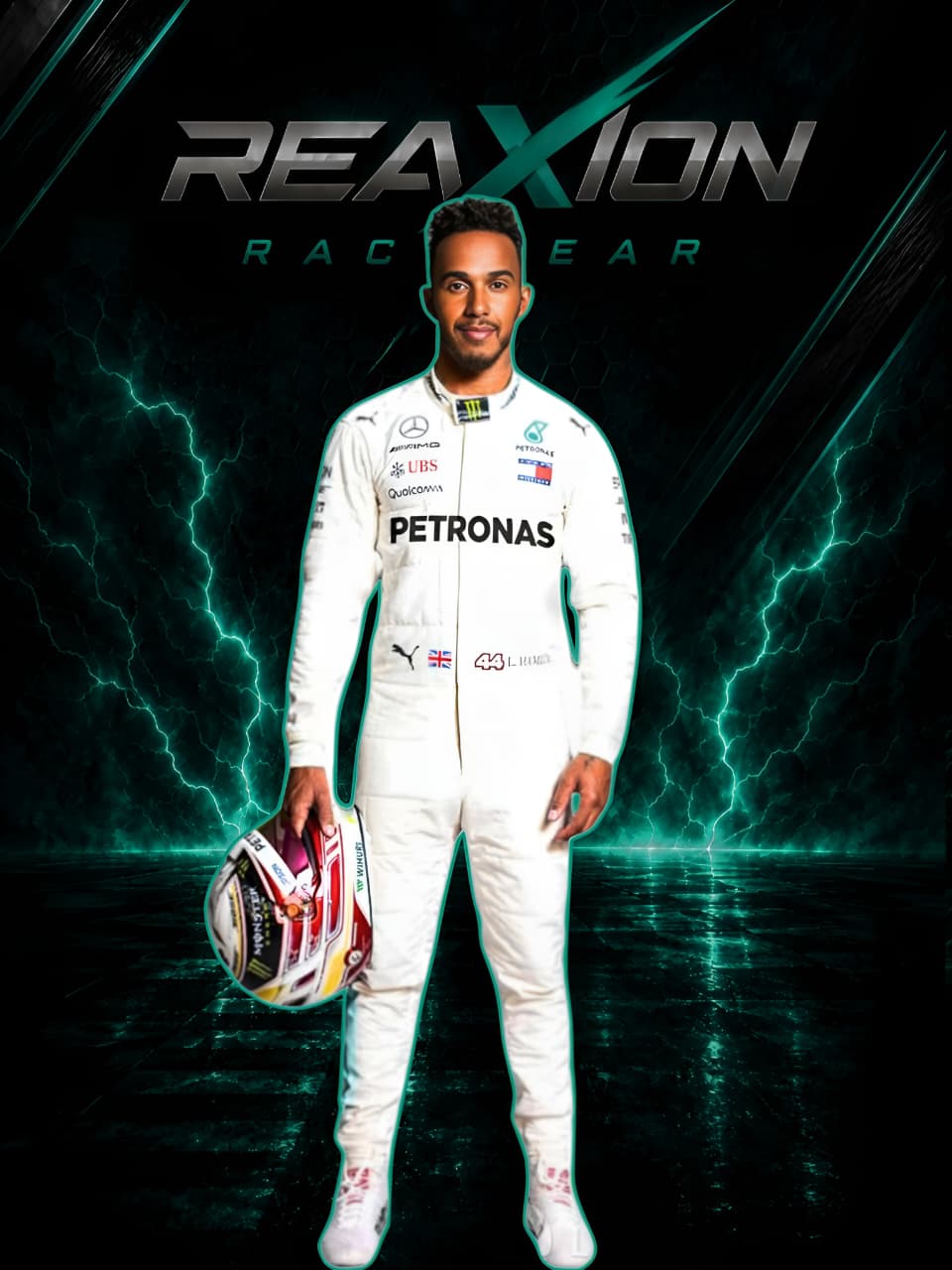 Lewis Hamilton in Mercedes 2018 F1 Racing Suit stands holding a helmet, with the large text 'REAXION RACEGEAR' above him and teal lightning effects on a dark background.