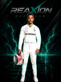 Lewis Hamilton in Mercedes 2018 F1 Racing Suit stands holding a helmet, with the large text 'REAXION RACEGEAR' above him and teal lightning effects on a dark background.
