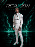 Lewis Hamilton in Mercedes 2019 F1 Racing Suit with green accents, standing against a dark background with teal lightning effects and the 'REAXION RACEGEAR' branding at the top.