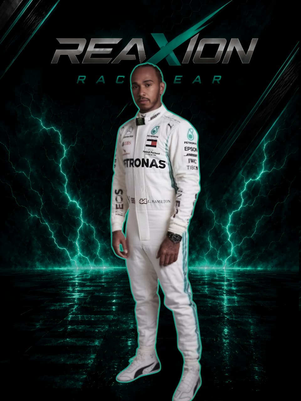 Lewis Hamilton in Mercedes 2019 F1 Racing Suit with green accents, standing against a dark background with teal lightning effects and the 'REAXION RACEGEAR' branding at the top.