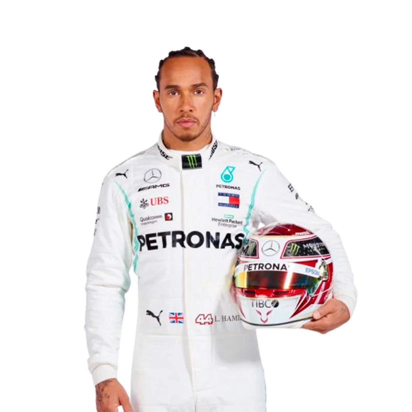 Lewis Hamilton in Mercedes 2019 F1 Racing Suit with sponsor logos, holding a helmet.