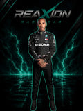 Lewis Hamilton in Mercedes 2021 F1 Racing Suit with Petronas and Mercedes logos stands centered against a dark background with glowing teal lightning effects and the text 'REAXION RACEGEAR' at the top.