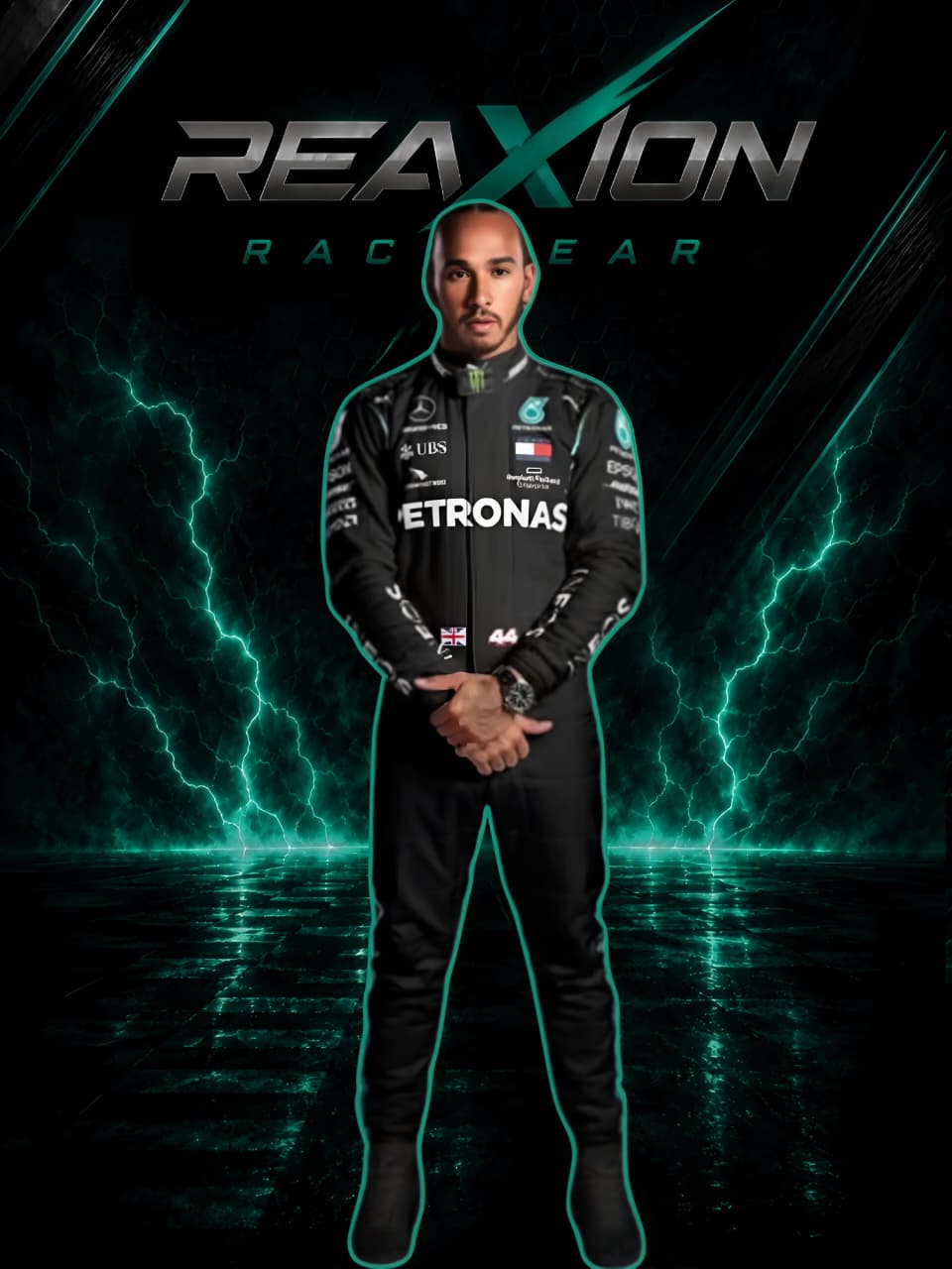 Lewis Hamilton in Mercedes 2021 F1 Racing Suit with Petronas and Mercedes logos stands centered against a dark background with glowing teal lightning effects and the text 'REAXION RACEGEAR' at the top.