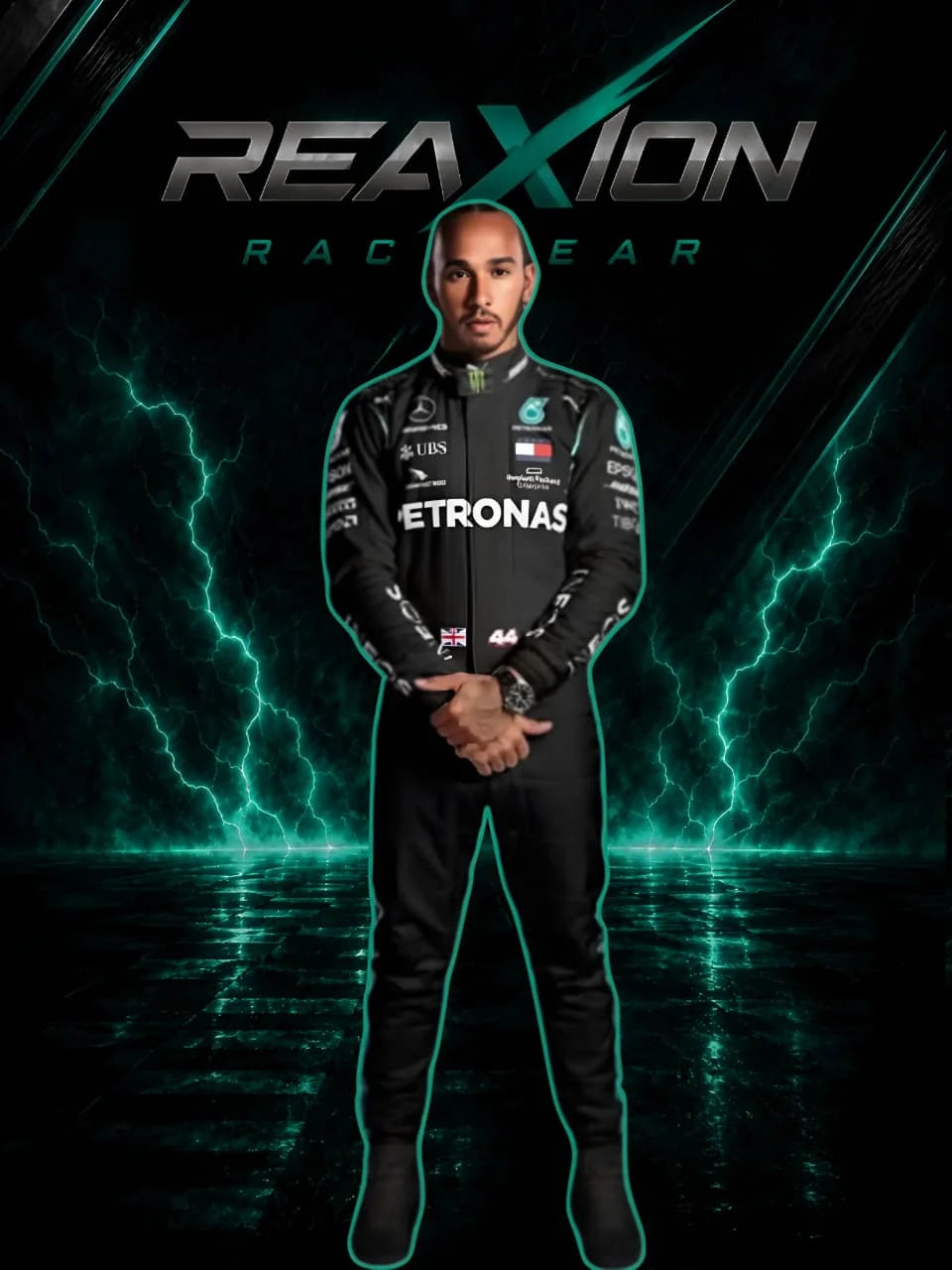 Lewis Hamilton in Mercedes 2021 F1 Racing Suit with Petronas and Mercedes logos stands centered against a dark background with glowing teal lightning effects and the text 'REAXION RACEGEAR' at the top.