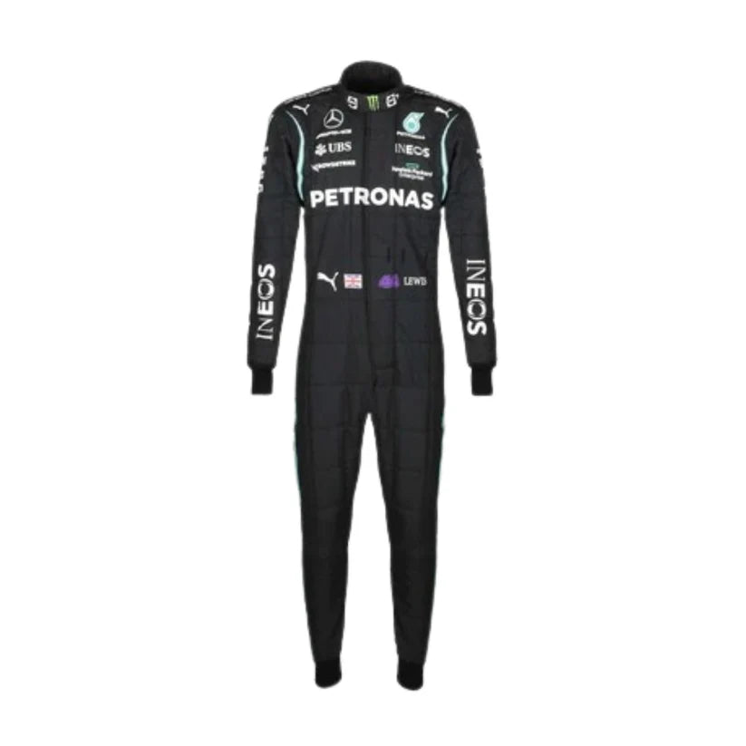 Lewis Hamilton in Mercedes 2021 F1 Racing Suit with white and silver sponsor logos, displayed on a solid white background.