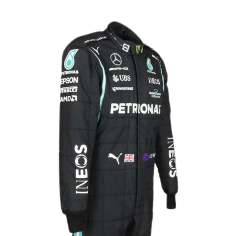 Black racing suit with various sponsor logos on a white background