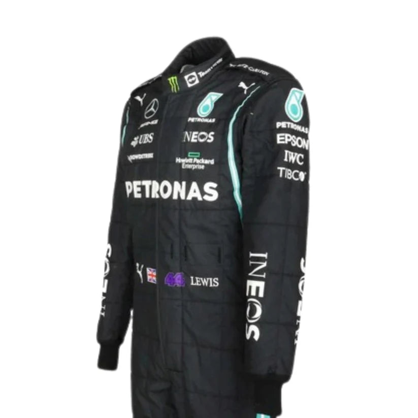 Black racing suit with various sponsor logos on a white background