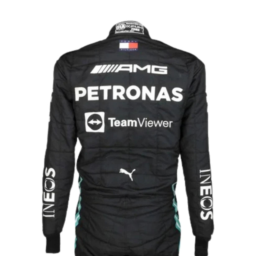Black racing suit with various sponsor logos on a white background