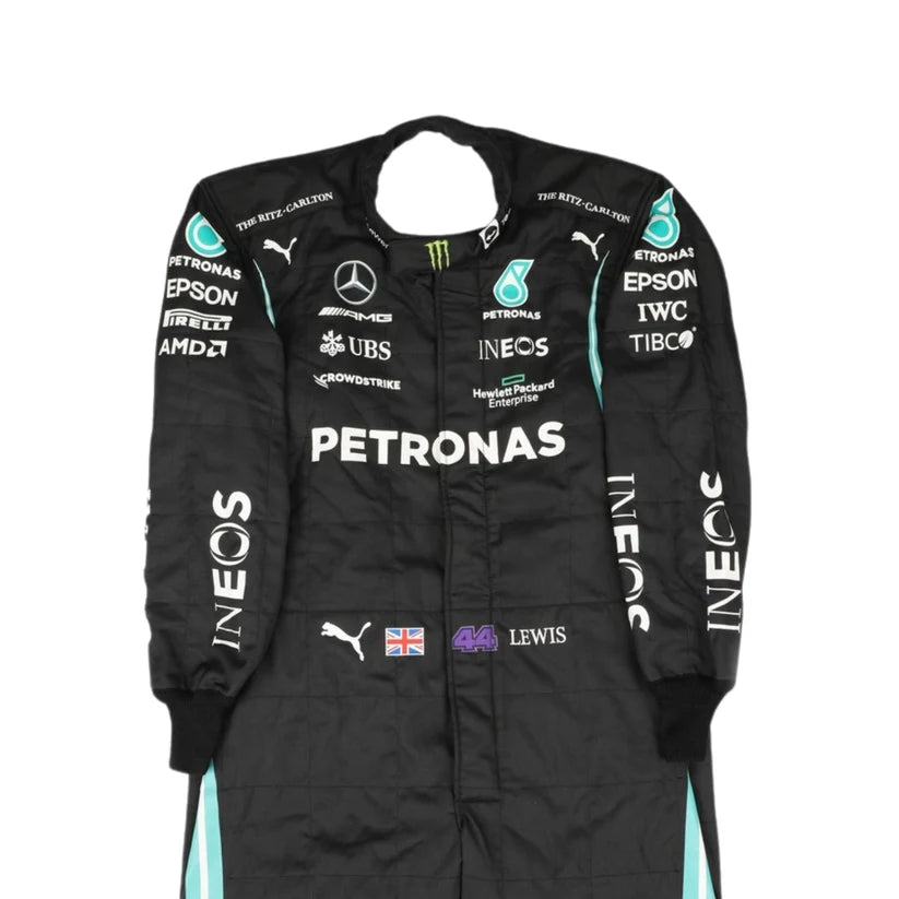 Black racing suit with various sponsor logos on a white background