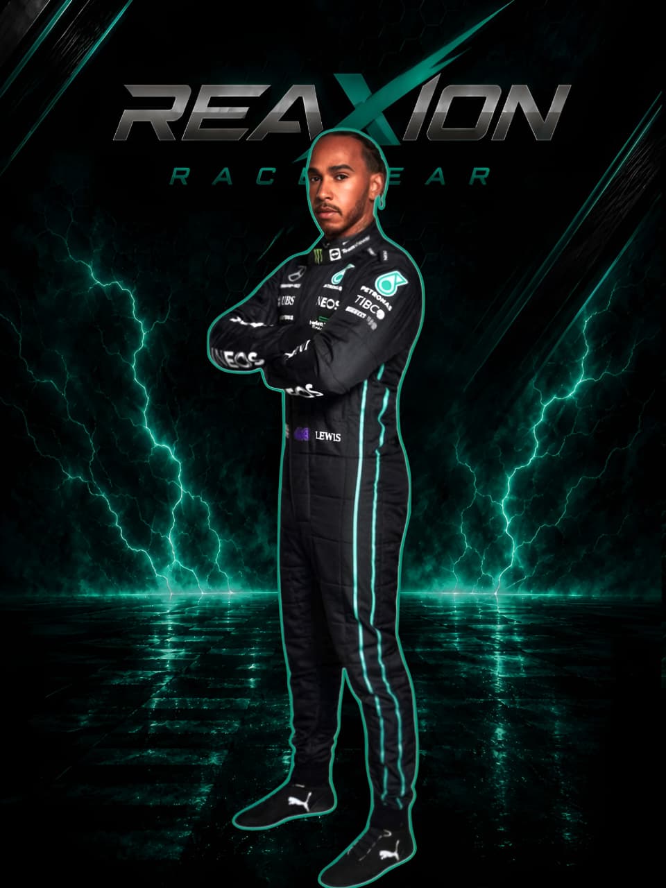 Lewis Hamilton in Mercedes 2022 F1 Racing Suit with teal accents, standing with arms crossed against a dark background with teal lightning effects and the text 'REAXION RACEGEAR'.