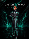 Lewis Hamilton in Mercedes 2022 F1 Racing Suit with teal accents, standing with arms crossed against a dark background with teal lightning effects and the text 'REAXION RACEGEAR'.