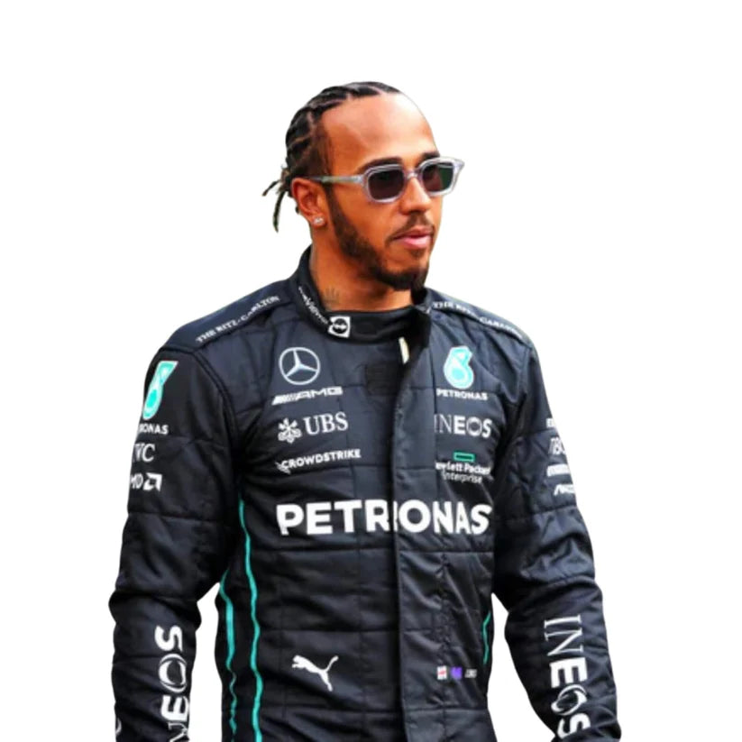 Lewis Hamilton in Mercedes 2022 F1 Racing Suit with various sponsor logos on a white background
