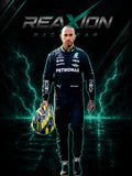 Lewis Hamilton in Mercedes 2023 F1 Racing Suit holding a yellow and black helmet, set against a dark background with green lightning effects and the 'Reaxion Race Gear' logo at the top.