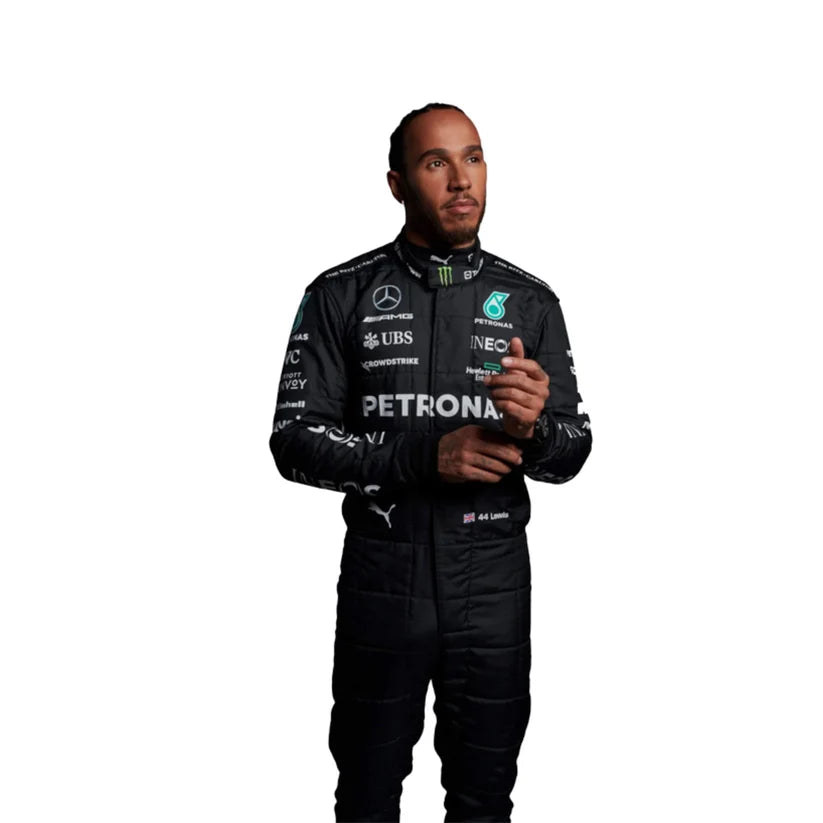 Lewis Hamilton in Mercedes 2023 F1 Racing Suit with various sponsor logos on a white background