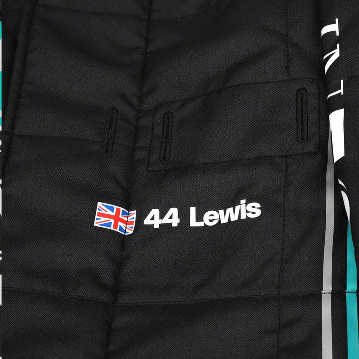 Mercedes F1 Suit with '44 Lewis' text and British flag on a dark background