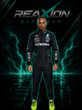 Lewis Hamilton in Mercedes 2024 F1 Racing Suit with visible Mercedes, Petronas, and INEOS logos, posed against a dramatic dark background with glowing teal lightning effects and the text 'REAXION RACEGEAR' above him.