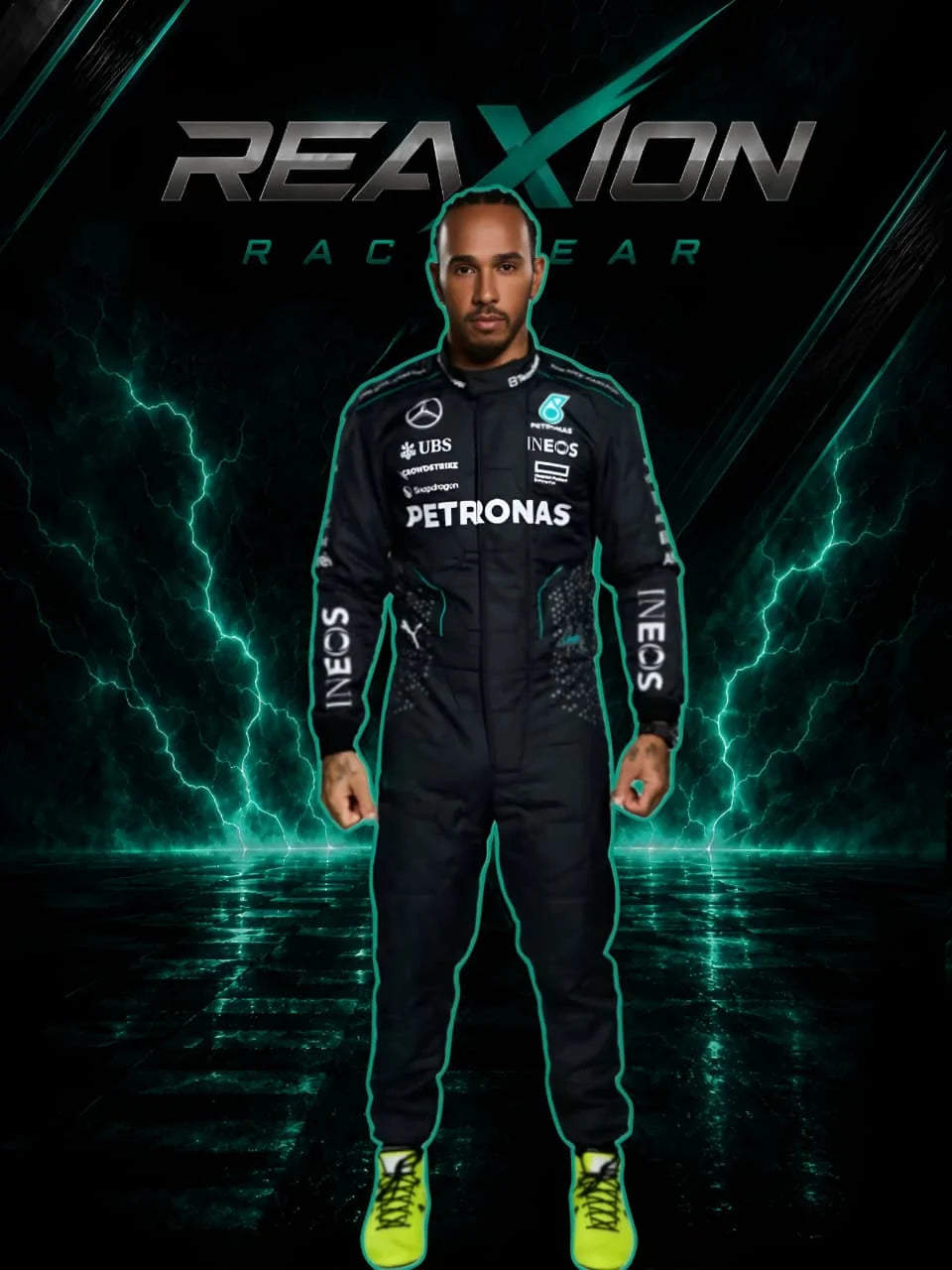 Lewis Hamilton in Mercedes 2024 F1 Racing Suit with visible Mercedes, Petronas, and INEOS logos, posed against a dramatic dark background with glowing teal lightning effects and the text 'REAXION RACEGEAR' above him.