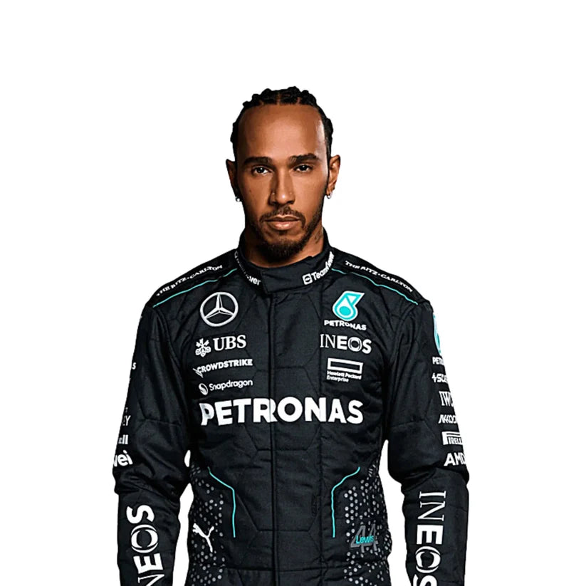 Lewis Hamilton wearing a Formula 1 racing suit with various sponsor logos on a white background