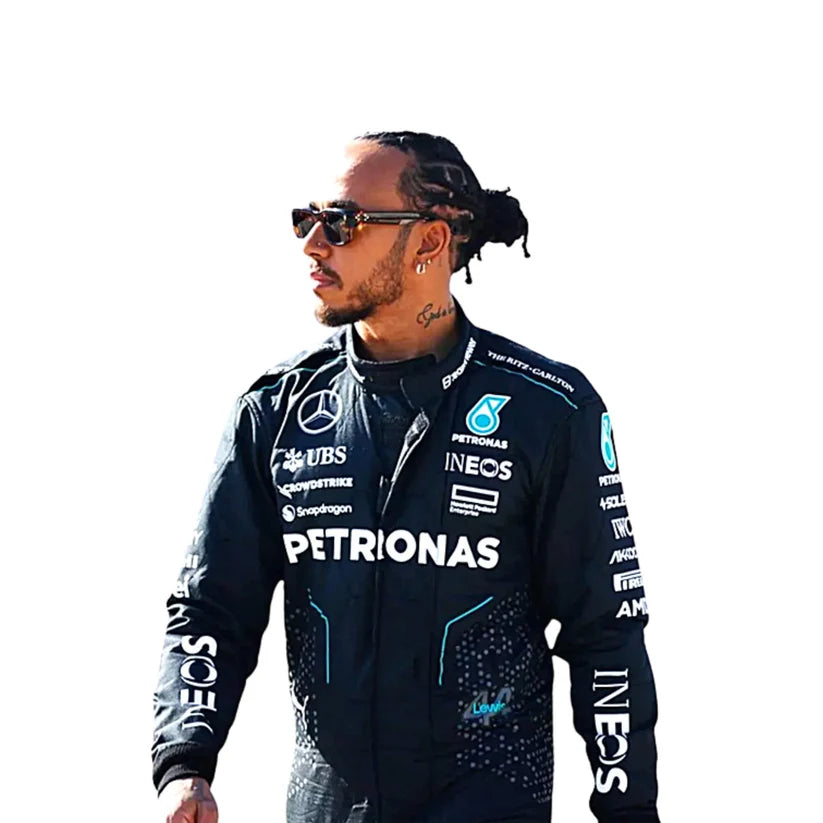Lewis Hamilton in Mercedes 2024 F1 Racing Suit with various sponsor logos on a white background