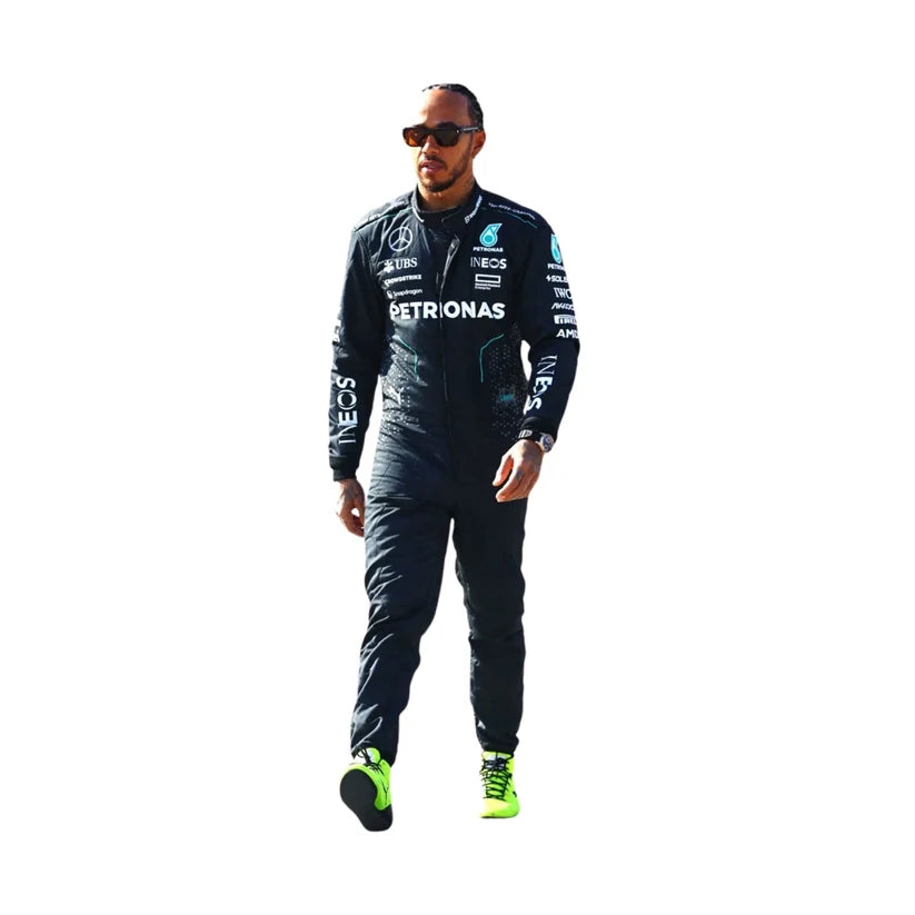 Lewis Hamilton in Mercedes 2024 F1 Racing Suit with visible branding on a white background