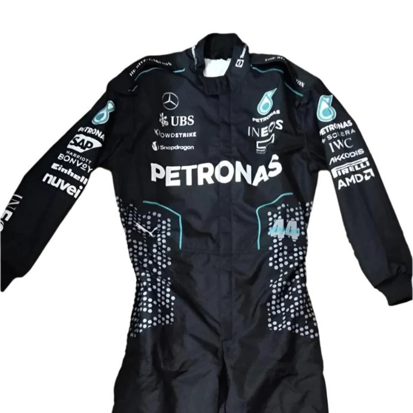 Black racing suit with various sponsor logos on a white background