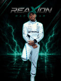 Lewis Hamilton in Mercedes 2024 Qatar GP F1 Racing Suit and cap, posing with one knee raised against a dark background with glowing green lightning and the 'REAXION RACEGEAR' logo at the top.