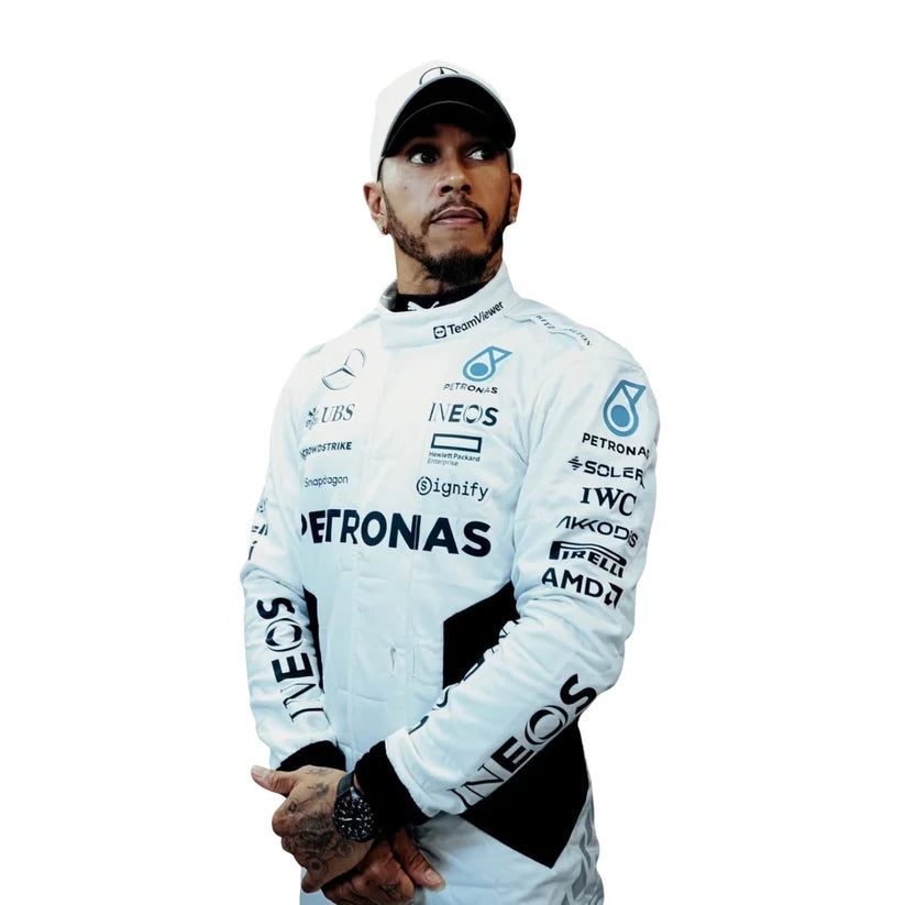 Lewis Hamilton in Mercedes 2024 Qatar GP F1 Racing Suit with various sponsor logos on a white background