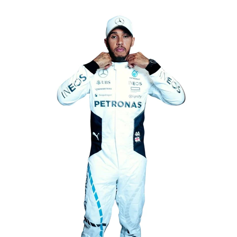 Lewis Hamilton in Mercedes 2024 Qatar GP F1 Racing Suit with sponsor logos on a white background