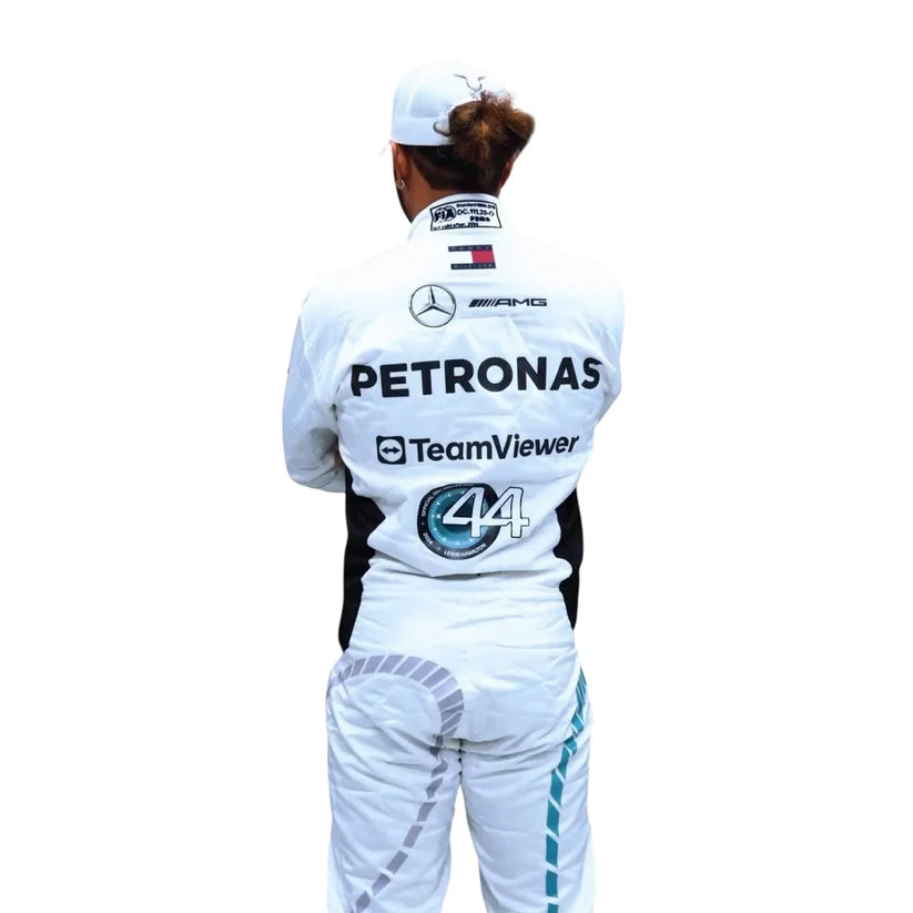 Lewis Hamilton in Mercedes 2024 Qatar GP F1 Racing Suit with visible branding on a white background