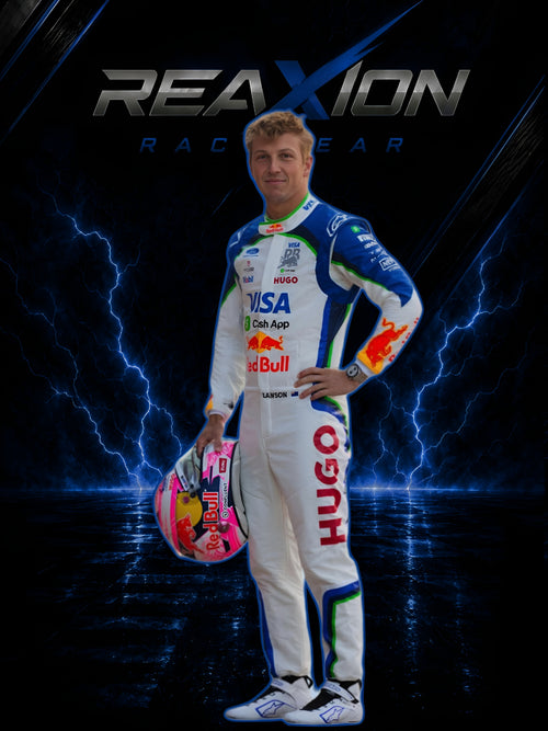 Liam Lawson 2026 RB F1 racing suit full body portrait holding helmet with team branding