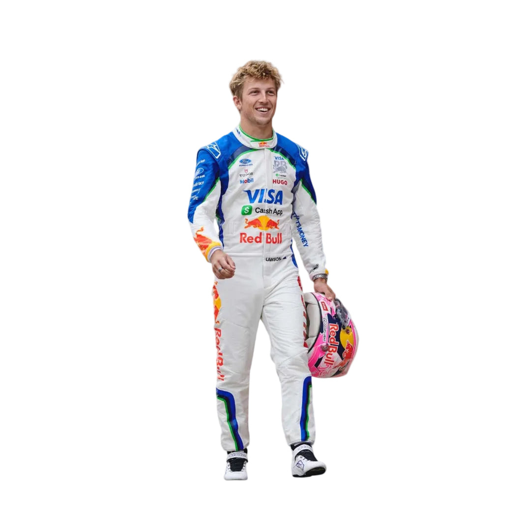 Liam Lawson 2026 RB F1 racing suit full body walking view holding team helmet