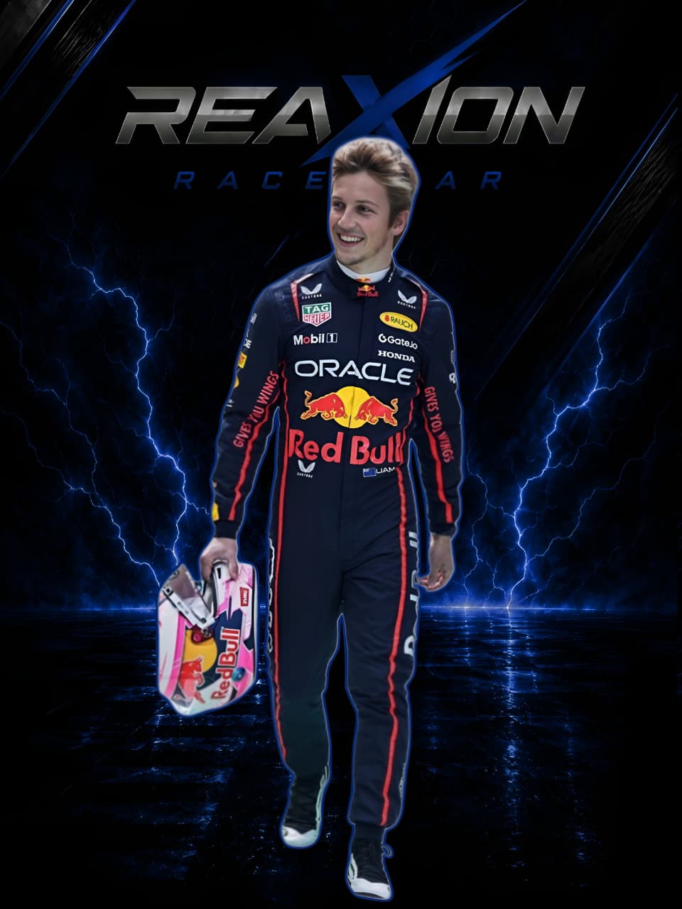 Liam Lawson Red Bull 2025 F1 Racing Suit with Red Bull and Oracle logos on a dark background with lightning effects.