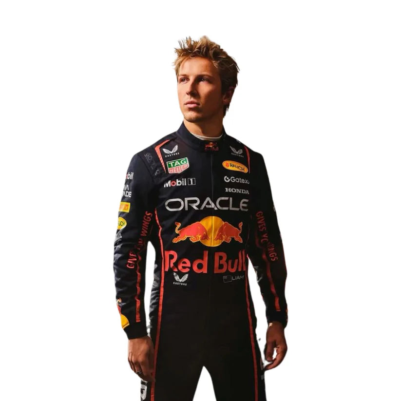 Liam Lawson Red Bull 2025 F1 Racing Suit with Red Bull and Oracle branding on a white background