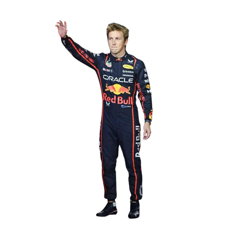 Liam Lawson Red Bull 2025 F1 Racing Suit on a white background