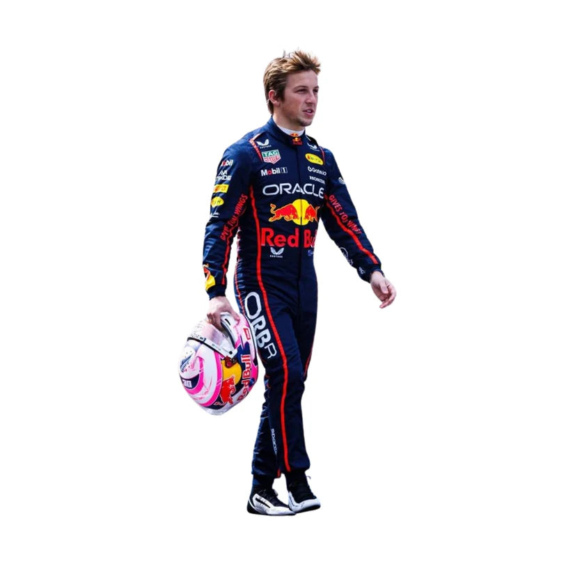 Liam Lawson Red Bull 2025 F1 Racing Suit holding a helmet on a white background