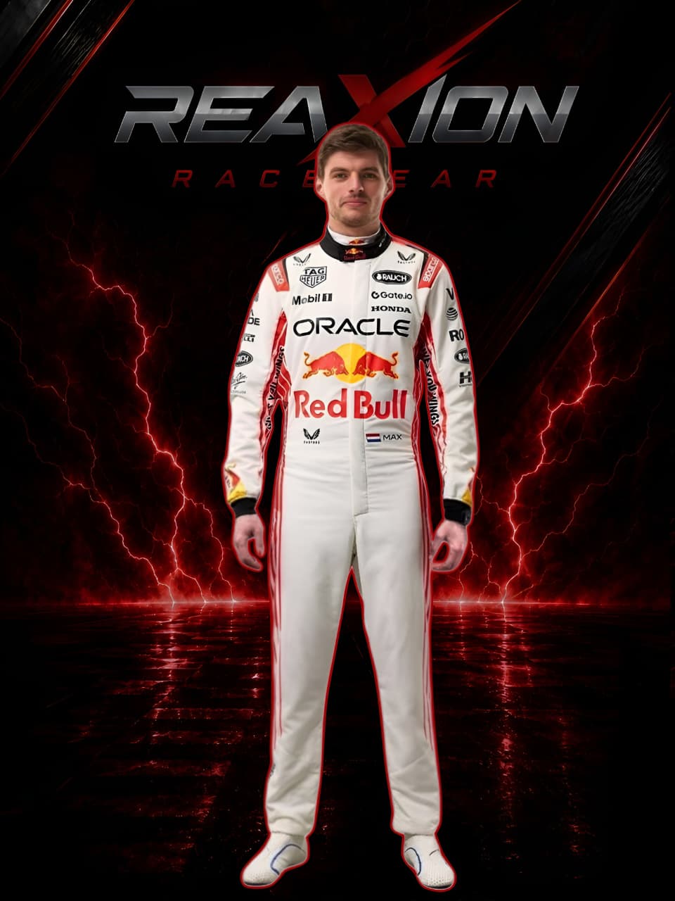 Max Verstappen 2025 Japanese GP F1 Racing Suit visible branding on a dark background with lightning effects, featuring the 'REAXION RACEGEAR' brand.