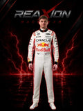 Max Verstappen 2025 Japanese GP F1 Racing Suit visible branding on a dark background with lightning effects, featuring the 'REAXION RACEGEAR' brand.