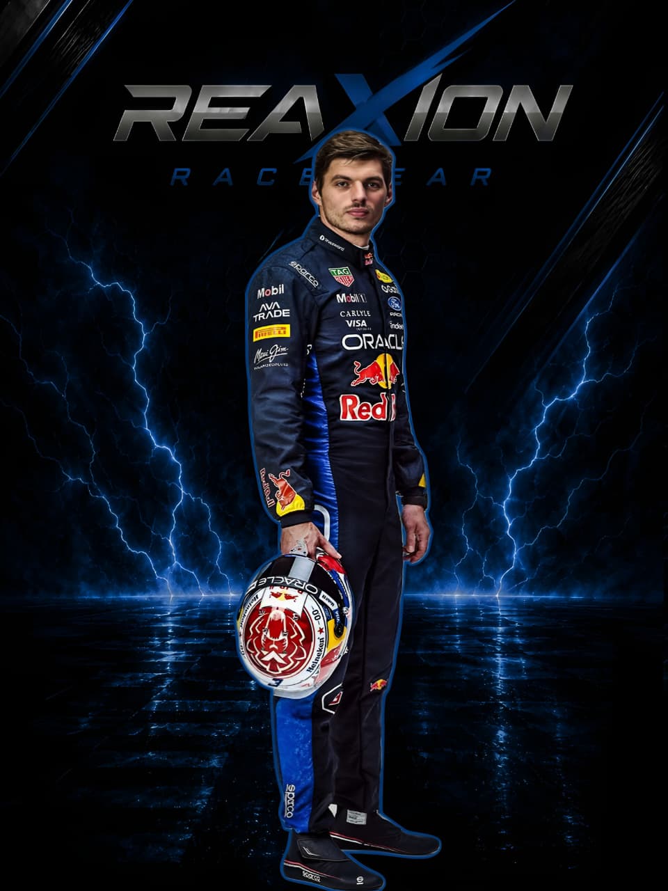 Max Verstappen Red Bull F1 racing suit 2026 full body pose holding helmet