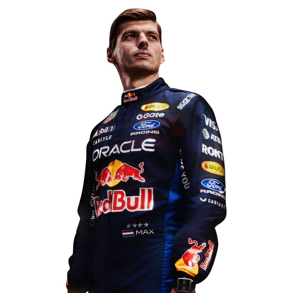 Max Verstappen Red Bull F1 racing suit 2026 close-up portrait showing sponsor logos