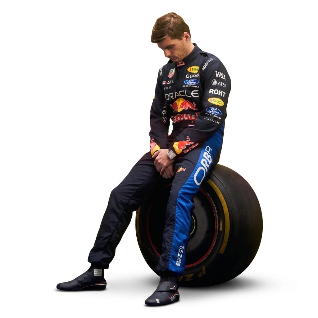 Max Verstappen Red Bull F1 racing suit 2026 sitting pose on Pirelli F1 tyre