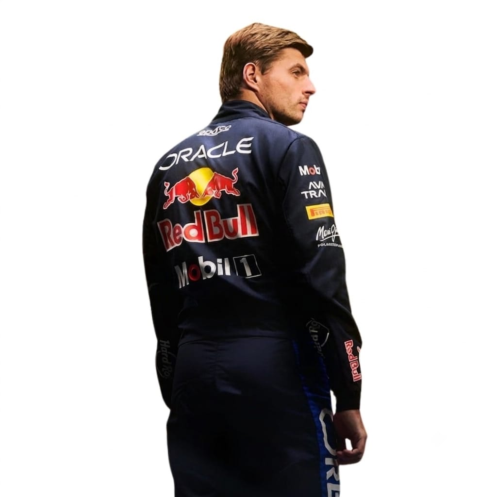 Max Verstappen Red Bull F1 racing suit 2026 back view with Red Bull and Oracle branding