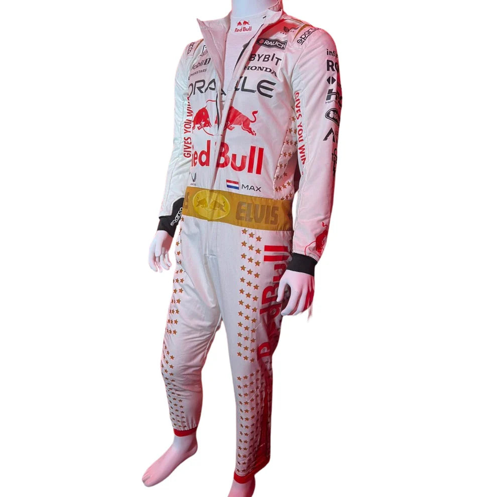 White and red racing suit with various sponsor logos on a white background