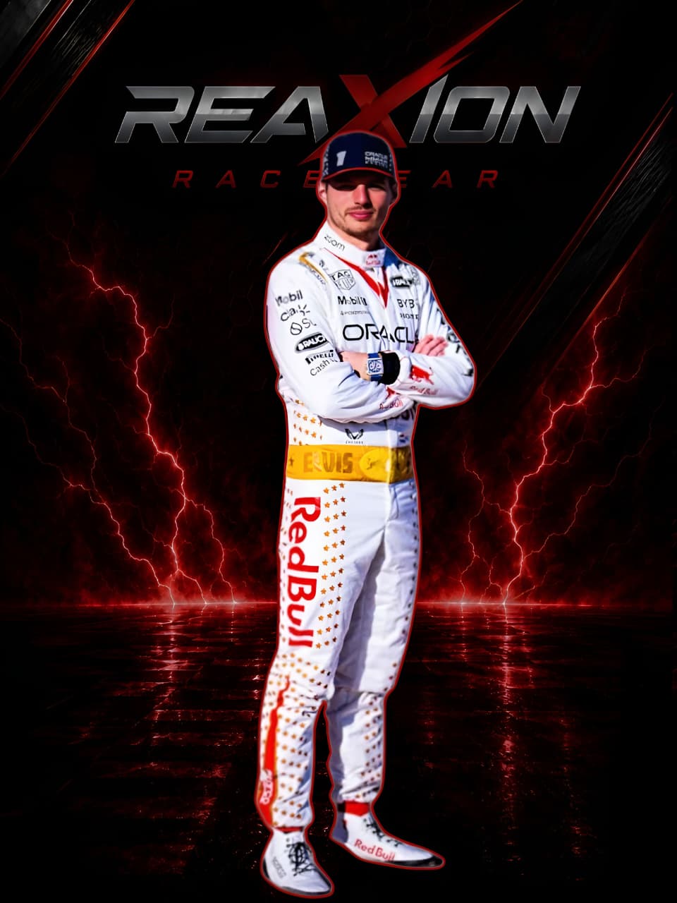 Max Verstappen Redbull 2023 Las Vegas Grand Prix F1 Racing Suit with 'Red Bull' and 'Reaxion Racegear' branding on a dark background with lightning effects
