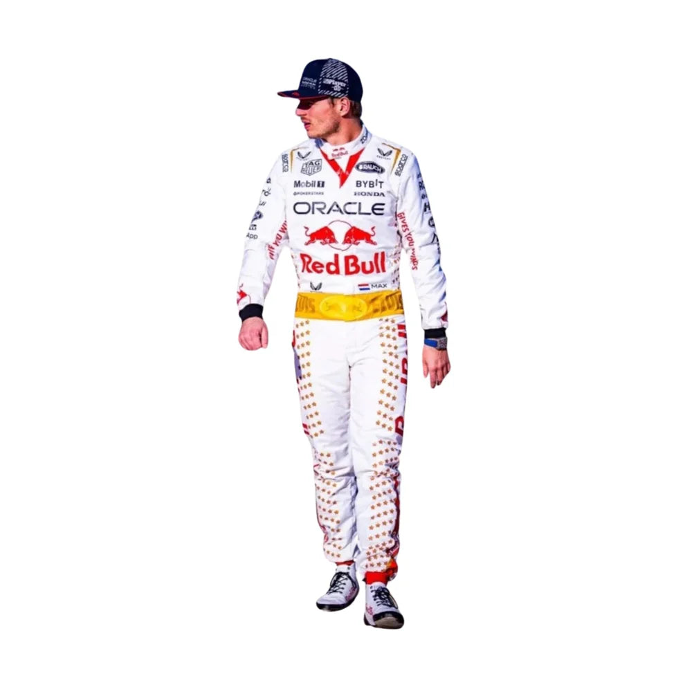 Max Verstappen Redbull 2023 Las Vegas Grand Prix F1 Racing Suit with various sponsor logos on a white background