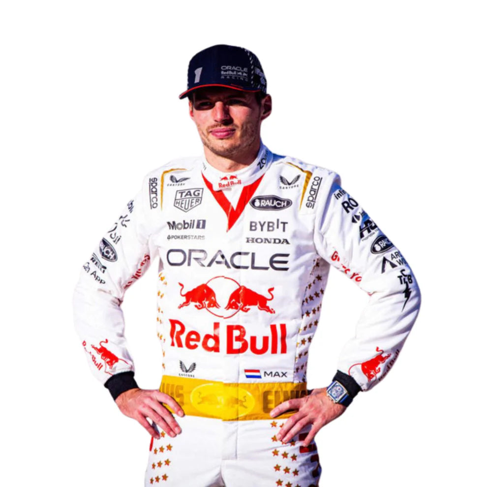 Max Verstappen Redbull 2023 Las Vegas Grand Prix F1 Racing Suit with various sponsor logos on a white background