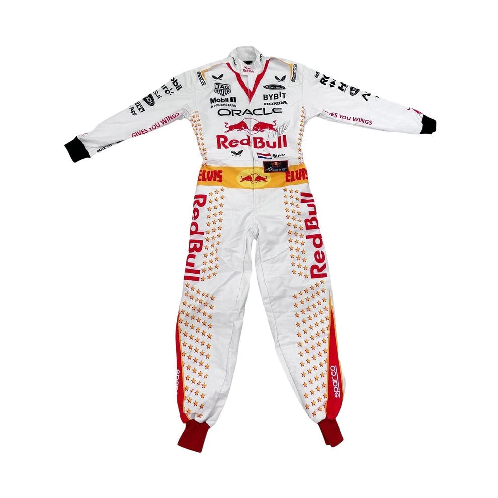 White racing suit with Red Bull branding on a white background