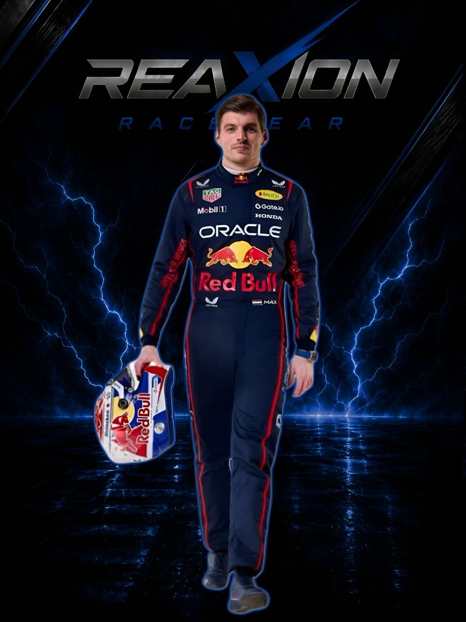 Max Verstappen Redbull 2025 F1 Racing Suit holding a helmet against a dark background with 'REACTION RACING' branding.