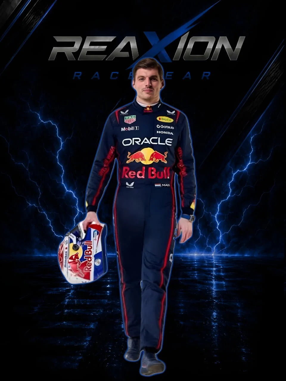 Max Verstappen Redbull 2025 F1 Racing Suit holding a helmet against a dark background with 'REACTION RACING' branding.